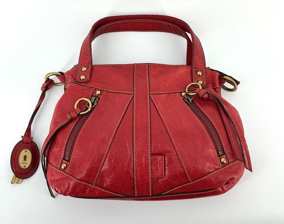 Fossil Handbags - Fossil Y2K Red Leather Satchel Crossbody Bag Brass Hardware